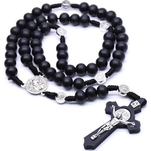 Black Wooden Christ Jesus Cross Religious Necklace Catholic Rosary Necklace Church Souvenirs Prayer Pendant Necklace
