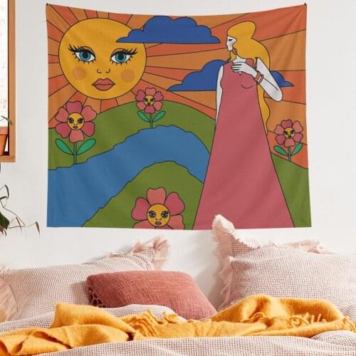 Mysterious Retro Sun Flowers Tapestry Wall Hanging Fabric Home Bedroom Decoration Vintage Hippie Background Cloth Wall Covering