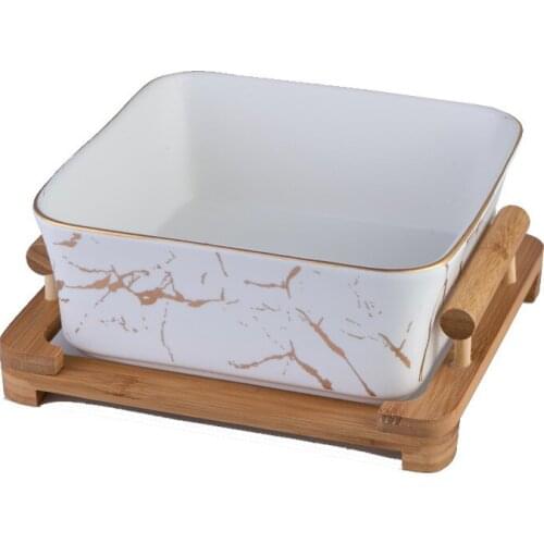 Golden Marble Dessert Bowl Snack Fruit Plate Household Square Vegetable Salad Bowl Wooden Stand Tray Kitchen Dining Tableware