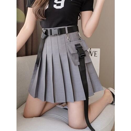 Spring 2021 New Female Pleated Short Skirt Female Cool Dark Black A-line High Waist Pocket Tooling Skirt Harajuku Skirt