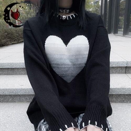 Harajuku Punk Style Love Heart Black Gothic Sweaters Long Sleeve O-neck Women Knitted Pullovers Fashion Autumn Streetwear