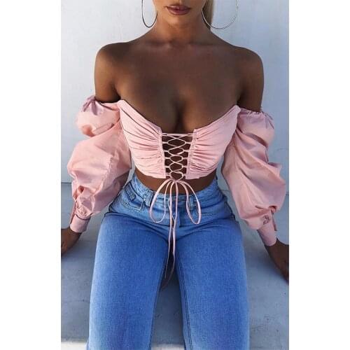 Sexy Off Shoulder Crop Tops Women Puff Sleeve Blouse Fashion Solid Color Low Cut Lace-up Front Crop Tops Lady Club Wear