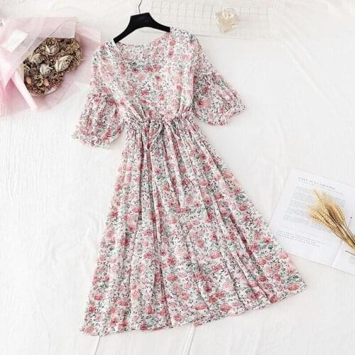 Women Floral Print Dress 2020 Summer Vintage Elastic waist Chiffon Dresses Slim Short sleeve Office A-line Dress Vestidos