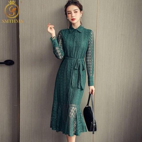 SMTHMA New Spring Elegant Women Vintage Lace Long Sleeve Dresses High Waist Casual Slim Green Trumpet Mermaid Vestidos