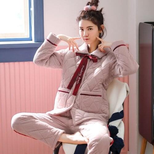 Winter Womens Three-layer Cotton Mink Pajamas Can Wear Flannel Home Clothes Thickened Warm Suit Cotton Padded Jacket Pajamas
