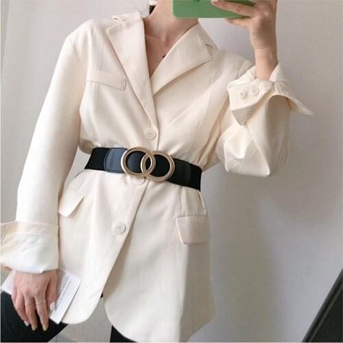 Gold double circle buckle waistbands for dress alloy buckles belt women coat black white elastic wide cummerbunds party decorate
