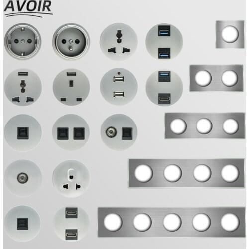 Avoir Usb Wall Socket Gray Brushed Panel EU French UK Power Socket Network TV Rj45 Internet Sockets Module DIY Free Combination