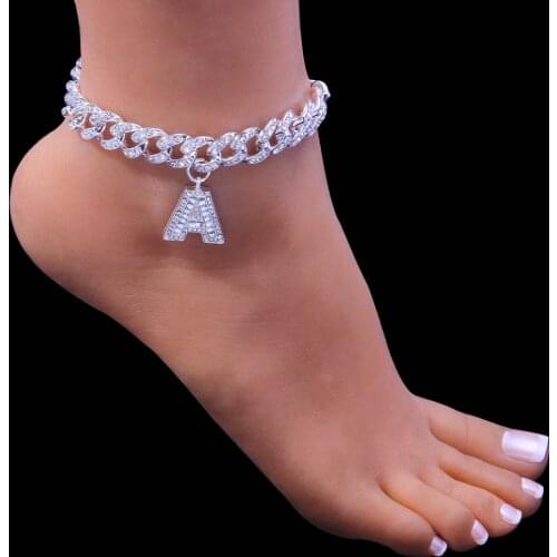 Stonefans 26 Initial Letter Anklets Bijouterie Female Man Baguette Crystal Sandals Cuban Link Chain Jewelry 2021Bracelets on Leg