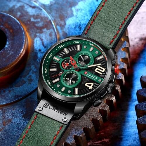 CRRJU Green Waterproof Quartz Watch Moon Phase Waterproof Sports Chronograph Stainless Steel Wristwatch Male