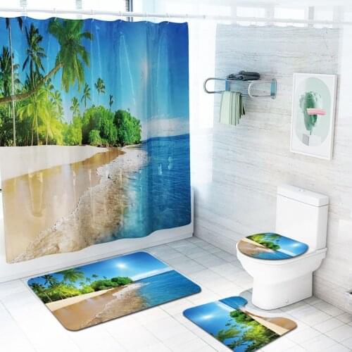 4Pcs Toilet Pad Cover Bath Rug Mat Fabric Shower Curtain Set for Bathroom Landscape Shower Curtain Sets Hooks