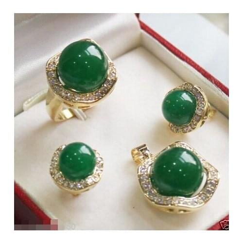 Hot selling@> 10mm&14mm Green Natural stone Necklace Pendant Earrings Ring Set jewelry -Bride jewelry free shippi