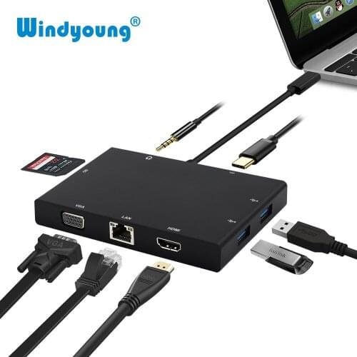 Thunderbolt 3 USB C Hub 8 in 1 USB-C to HDMI VGA 1000M Ethernet Rj45 Adapter SD Card Reader 3.5mm Jack Type C PD for MacbooK Pro