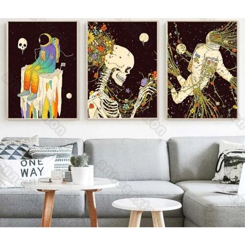 Canvas Painting Poster Abstract Flower Skeleton and Green Grass Astronauts In Outer Space for Home Rooms Gallery Wall Decoration