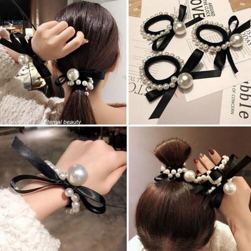 Korean Style Black Bowknot White Pearl Decor High Quality Thick Elastic Hair Band Hot Selling Hair Rope Hair Rings Women Girls