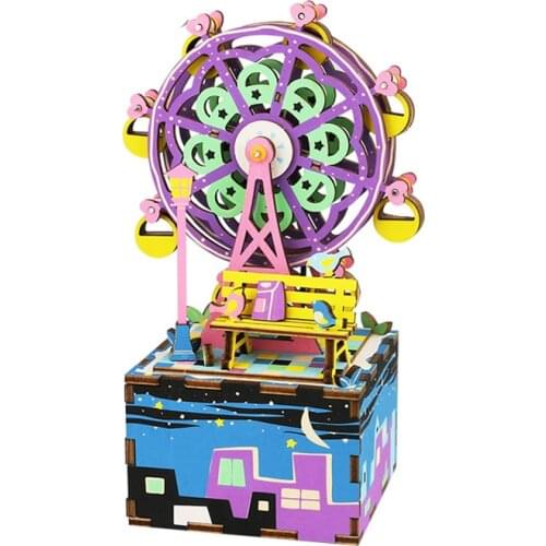 Creative Wooden Music Box Swivel Ferris Wheel Assembled DIY Rotatable Music Box Toy For Kids Friends Birthday Christmas Gift