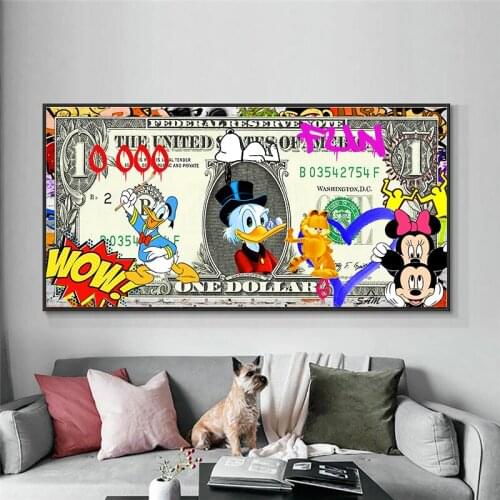 Cartoon Minnie Mickey Art Canvas Poster and Prints Creative Money 10000 Dollars Picture Wall Art Decor Painting for Living Room