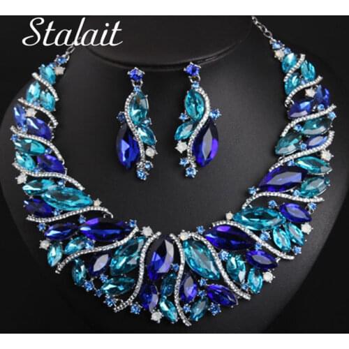 Vintage Statement Crystal Necklace Earrings Set Retro Dubai Bridal Jewelry Sets Womens Party Luxury Big Colorful Jewellery Gift