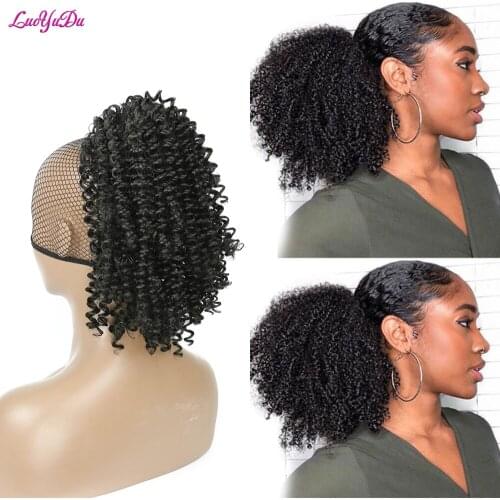 LUOYUDU 8 Inch Afro Short Drawstring Hair Extensions Synthetic Kinky Curly Ponytail Hairpiece Short Afro Puff Chignon Hair 125g