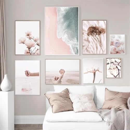 Pink Flowers Plant Wall Art Poster Dried Flower Art Print Shell Sandbeach Canvas Painting Nordic Pictures Living Room Home Decor