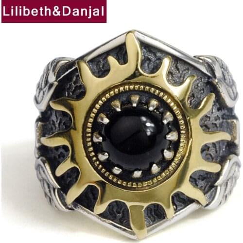 Initial Ring 100% Pure 925 Sterling Silver Sun totem Vintage Nightclub Inlaid Black Natural Stone Adjustable Ring Jewelry Men R1