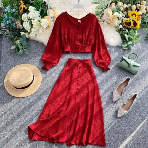 Autumn/Fall 2020 Vintage Two Piece Set Elegant Red Black Yellow Single Breasted Long Sleeve Tops+Skirt Autumn 2 Piece Set Female