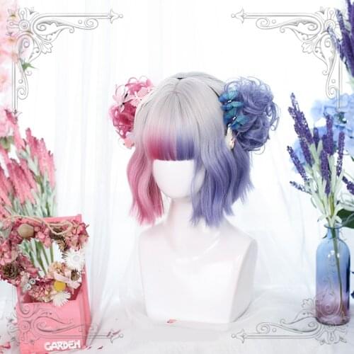 Anime Gradient Ramp Purple Pink Lolita Cosplay Wig Girl Hairpiece Short Curly Hair Periwig 25-30 cm Wig only Without accessory