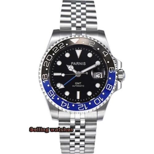 40mm PARNIS Sapphire Crystal GMT Automatic machinery movement luminous mens watches Blue & black ceramic bezel