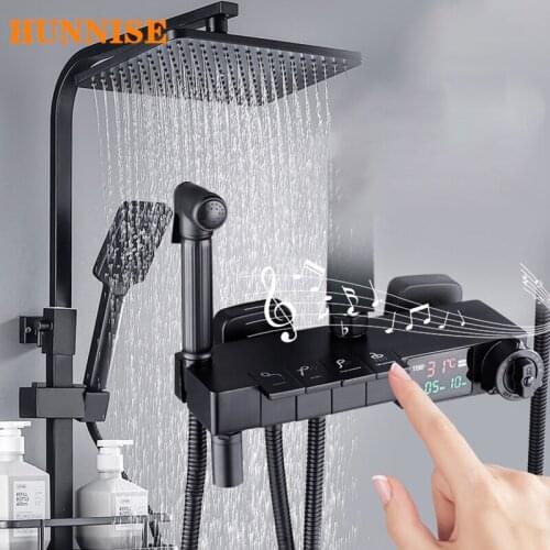 Newly Piano Thermostatic Shower System Brass Waterfall Shower Faucets Hot Cold LED Temperature Display Digital Shower Mixer Set
