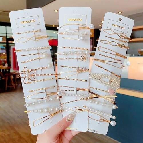 1Set Female Diamond Fashion Alloy Hairpin Pearl Bow knot Flowers Metal Delicate Girl Hair Clips Womens HeadWear