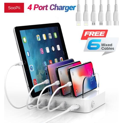 Leading Brand in USA Market, SooPii 4-Port USB Charging Station with Free 6 Mixed Cables, 4 Port Charger for Phone and Tablets