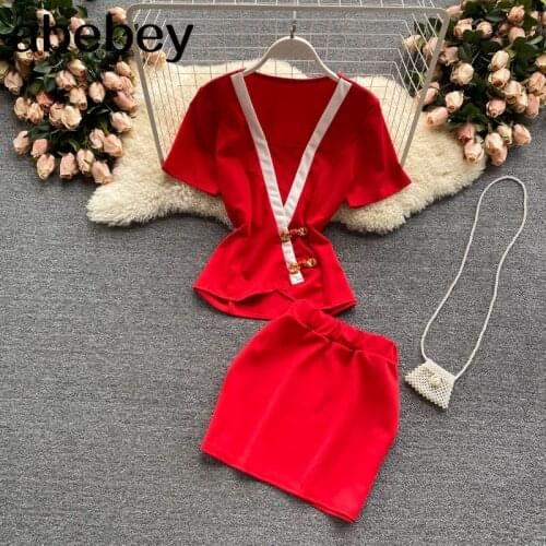 Women Summer Suit Deep V Neck Short Sleeve Top+High Waist A-line Midi Skirts Two Piece Set