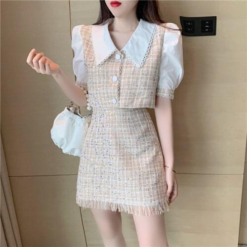 Sweet Peter Pan Collar Tweed Two piece Set Women Puff sleeve Sequined Shirt Tops and Tassel Bodycon Mini Skirt Suits Office B292
