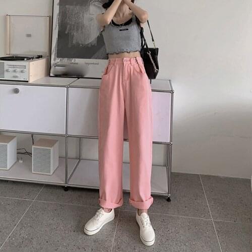 2020 Women High Waist Overlength Jeans Classic All-Match Trousers Pockets Zipper Female Wide Leg Denim Pants