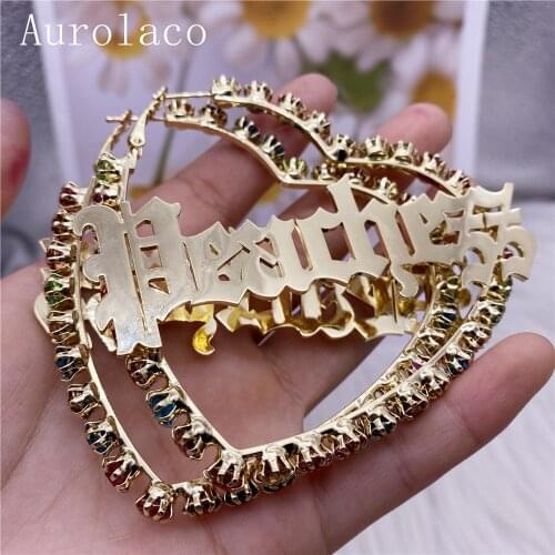 AurolaCo Custom Hoop Earrings With Big Rhinestones Customized Name Earrings Bamboo Style Custom Earrings for Women Gift
