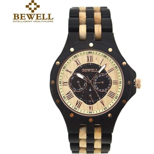BEWELL 116C Multi-function Wooden Watch Round Case with Complete Calendar Week Display Mens Watches Top Brand Luxury Watches