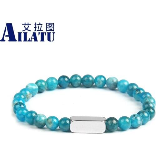 Ailatu New Charm Stainless Steel Logo Beaded Bracelet 6mm Natural Apatite & Black Quartz Rutilated Stone Beads Jewelry