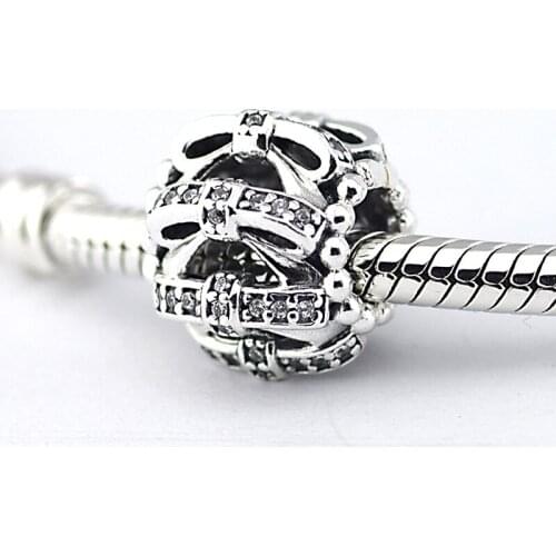 Fashion 925 Sterling Silver Beads for Charms Bracelets Women Clear CZ Bow Design Openwork Silver 925 Beads for Jewelry Making