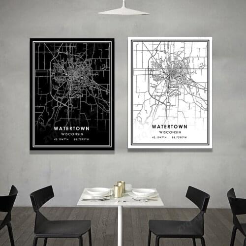WATERTOWN Map White and Black World Maps Poster Print Traveler Home Decoration Painting