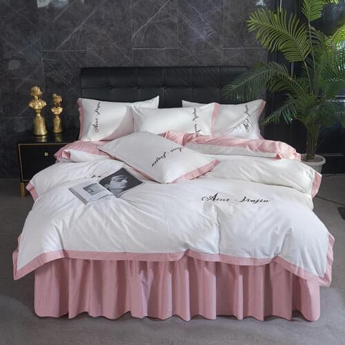 4Pcs All cotton color matching style Pleated lace Luxury bedding sets queen king size duvet cover set bed skirt set pillowcase