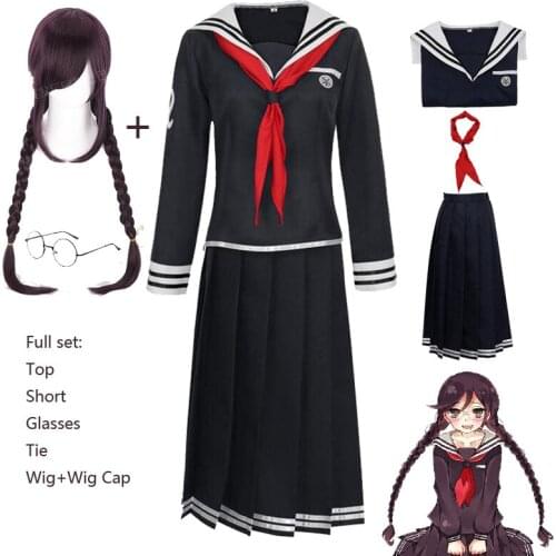 Danganronpa Toko Fukawa Cosplay Costume Round Glasses Dark Purple Wig Skirt Set Dangan Ronpa Sailor Suit Japanese School Uniform