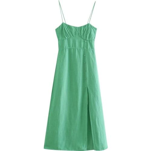 Summer Women Dress Sleeveless Straps Sexy Slit Backless Green Color Midi Button Bandage Female Vestido C2643