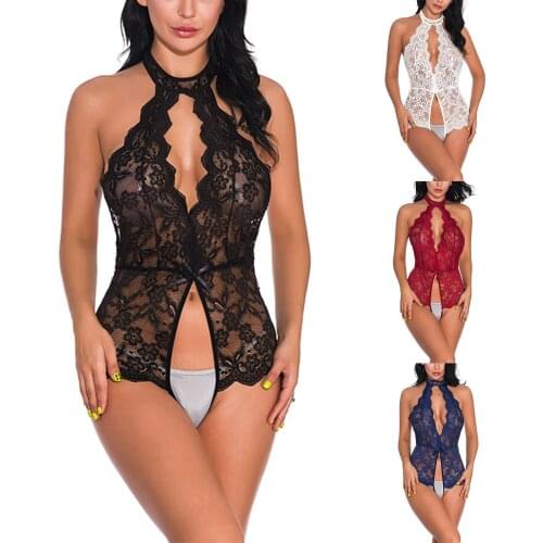 Summer Women Sexy Lingerie Lace Hollow Out Halter Bodysuits High Split Jumpsuit Womens Exotic Sex Costume for Valentines Day