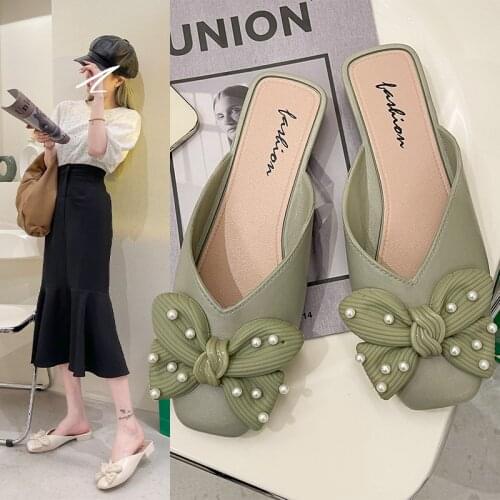 Slippers Women 2021 Summer Square Toe Mules Shoes Fashion Butterfly-knot Flats Slides Half-drag Beach Slipper Lazy Sandalias
