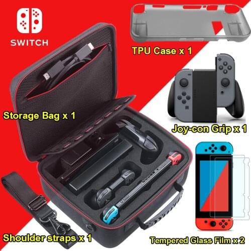 Nintend Switch Accessories Big Capacity EVA Portable Hard Bag Storage Carrying Case & Tempred Glass Film + Joy-con Handle Grips