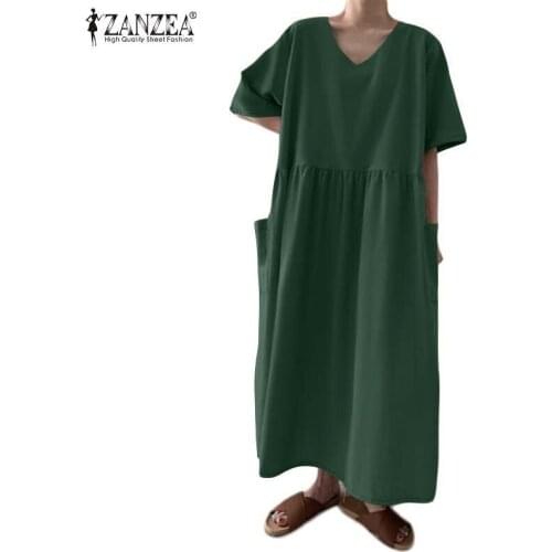 ZANZEA Women Summer Pleated V Neck Robe Casual A-Line Maxi Dress Short Sleeve Elegant Kaftan Loose Office Solid Sundress Female