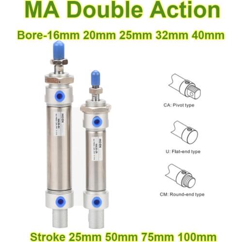 MA-U 16/20/25/32 Series Stainless Steel Mini Pneumatic Cylinder Double 25/50/75/100/125/150/175/200/250/300 mm Air Cylinder