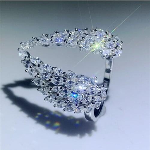 Luxury Stunning Jewelry 925 Silver Marquise Cut White Transparent 5A Cubic Zirconia CZ Eternal Adjustable Wings Feather Ring