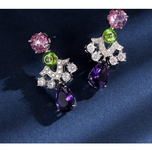 Temperament pink starlight earrings micro-inlaid gold-plated fashion pear-shaped purple drop earrings