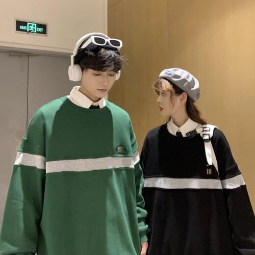 Vintage Thin Pullover Women Sweatshirt Ultra Simple Sleeve Contrast Harajuku Embroidery Crewneck Loose Casual Couples Sweatshirt