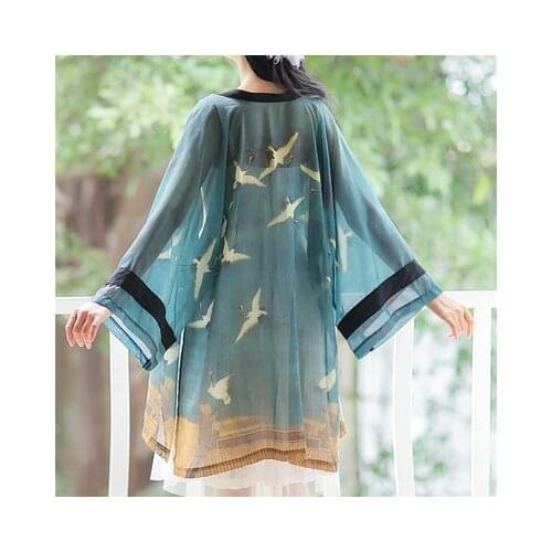 Japanese Traditional Clothes Women Mujer Summer Beach Sun Protection Jacket Crane Print Kimono Haori Chinese Harajuku Cardigan